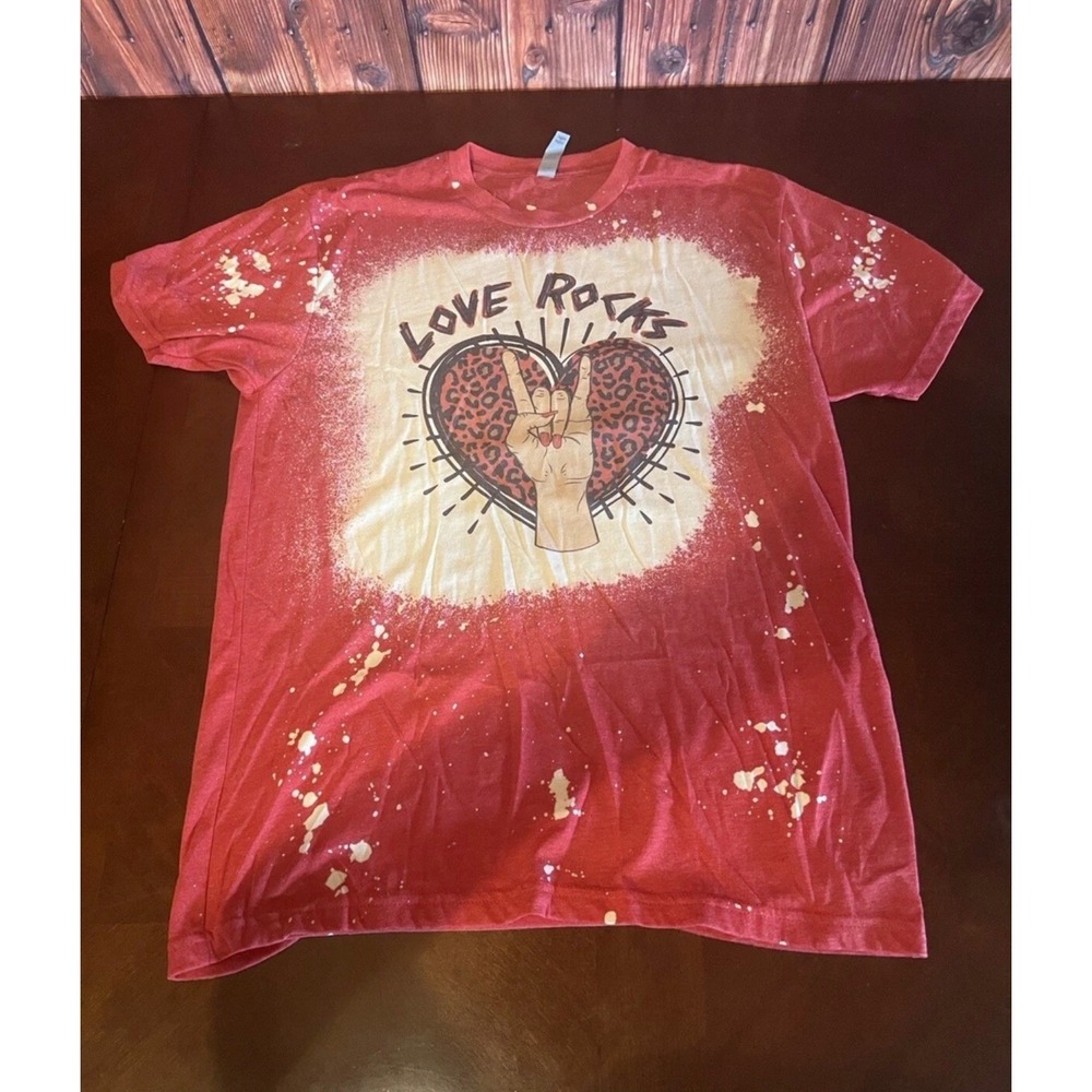 Love Rocks Graphic Tee Red Bleached Distressed Large